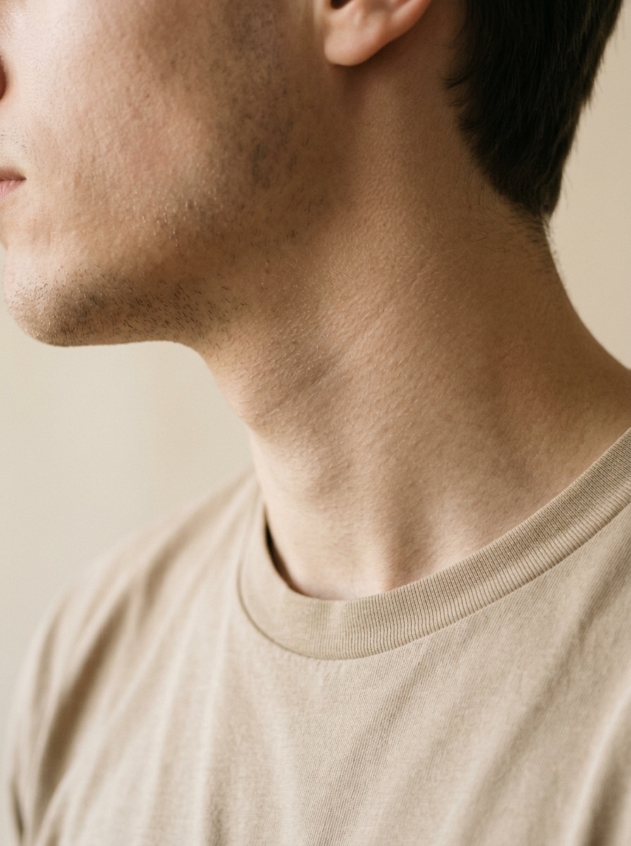 Kieferlinie und Hals eines jungen Mannes im Profil vor hellem Hintergrund