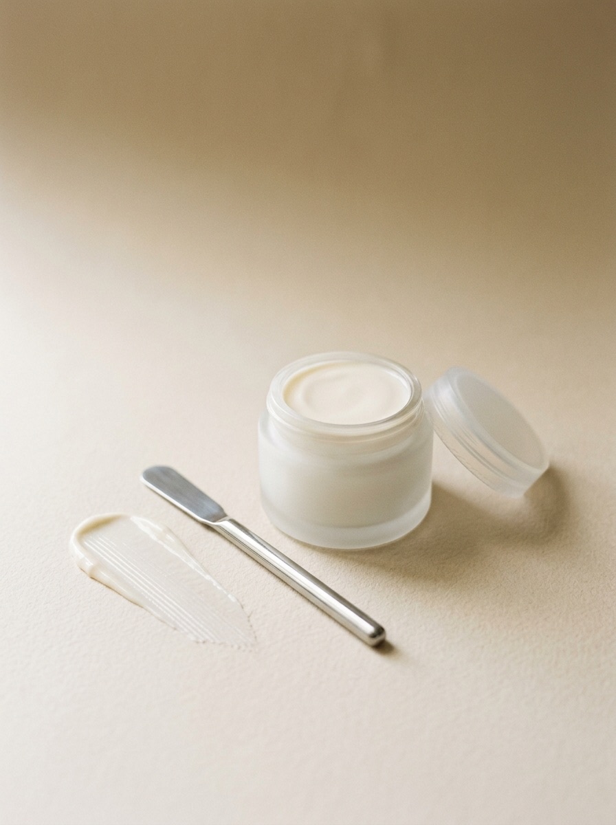 Offener Tiegel mit heller Creme, daneben ein Spatel und eine aufgezogene Spur der Creme
