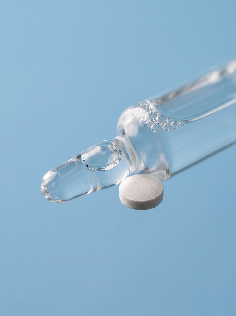 Eine Glasampulle mit klarer Lösung, davor eine kleine weiße Schmelztablette