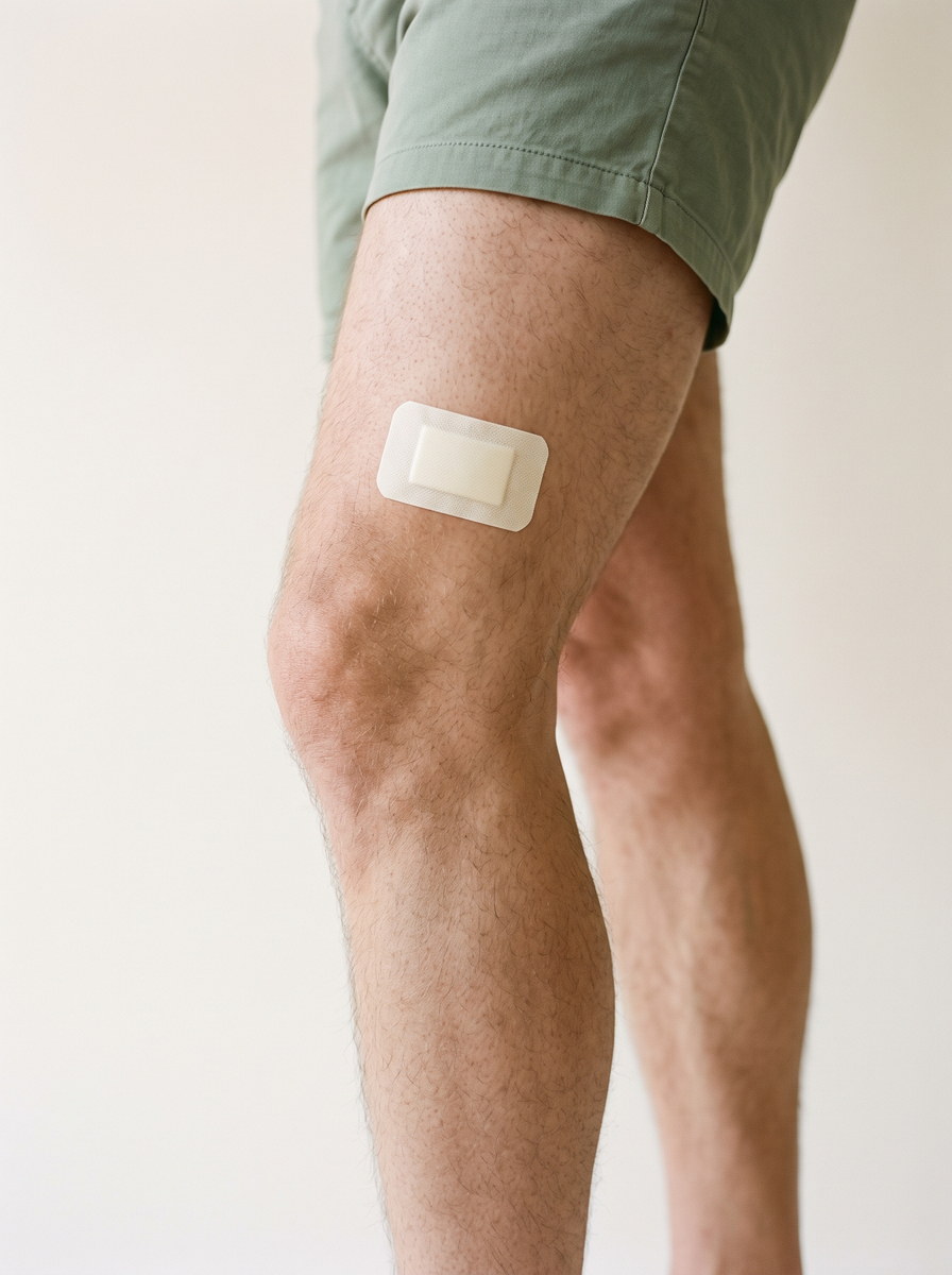 Bein eines Mannes mit leicht gebeugtem Knie, oberhalb des Knies liegt ein kleiner heller Wundverband