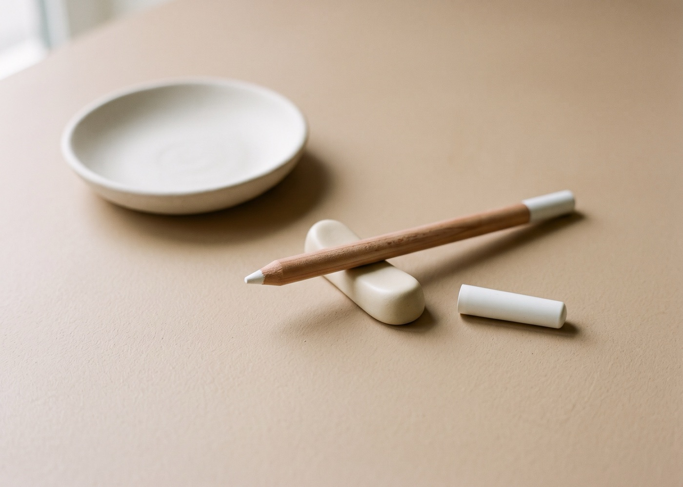 Hautmarkierstift auf einer kleinen Keramikablage, daneben die abgenommene Kappe und eine flache leere Porzellanschale auf sandfarbenem Grund
