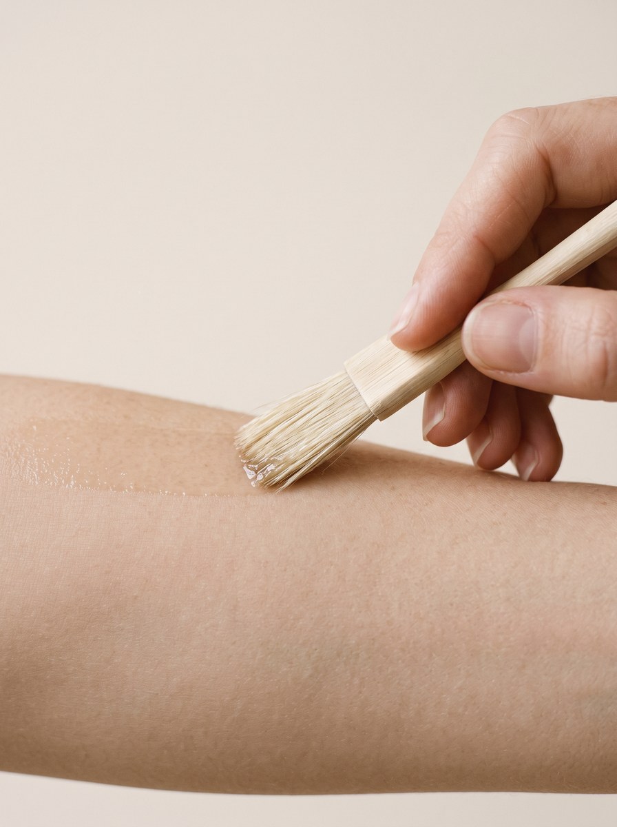 Ein flacher Pinsel mit heller Naturborste zieht eine schmale Spur Peelinggel über die Haut