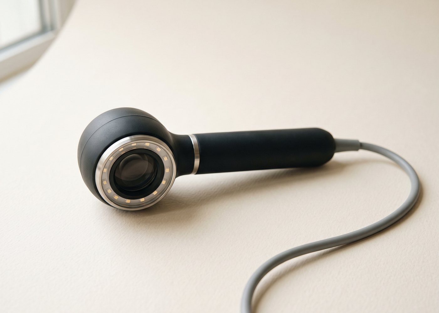 Videodermatoskop liegt auf heller Fläche, im Optikkopf ein Ring kleiner Leuchten, das Kabel läuft in weichem Bogen nach hinten