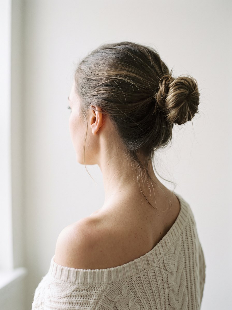 Hinterkopf und Nacken einer Frau, das Haar locker hochgesteckt, feine Strähnen zeichnen sich im Gegenlicht ab