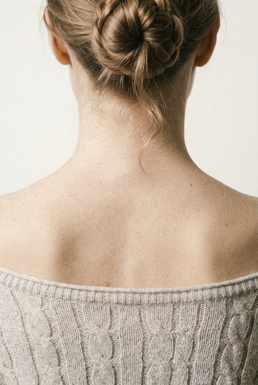Nacken und Schultern einer Frau von hinten, Haare hochgesteckt, heller Hintergrund