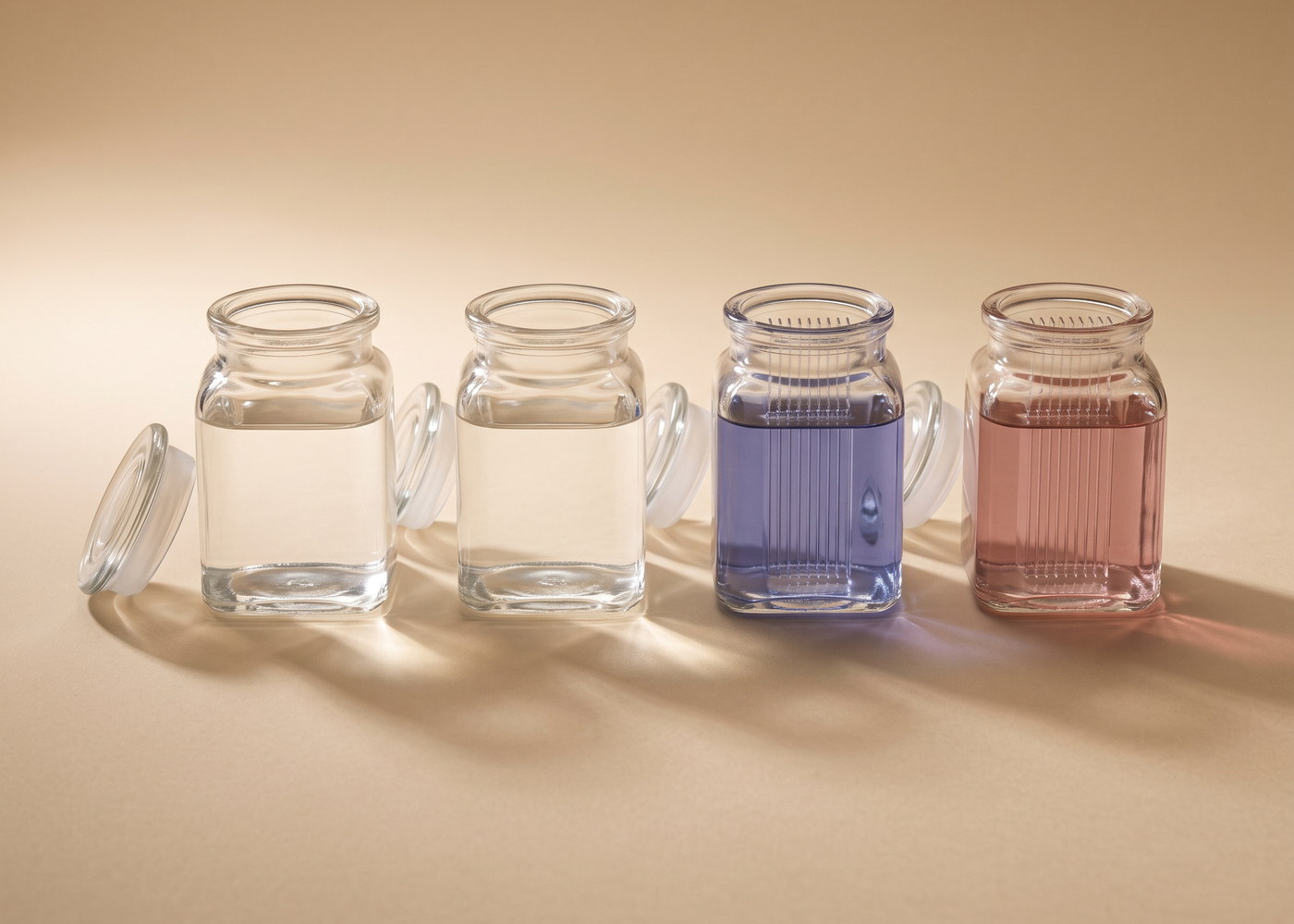 Vier Färbeküvetten aus Glas in einer Reihe, zwei mit klarer, eine mit violettblauer und eine mit altrosa Lösung
