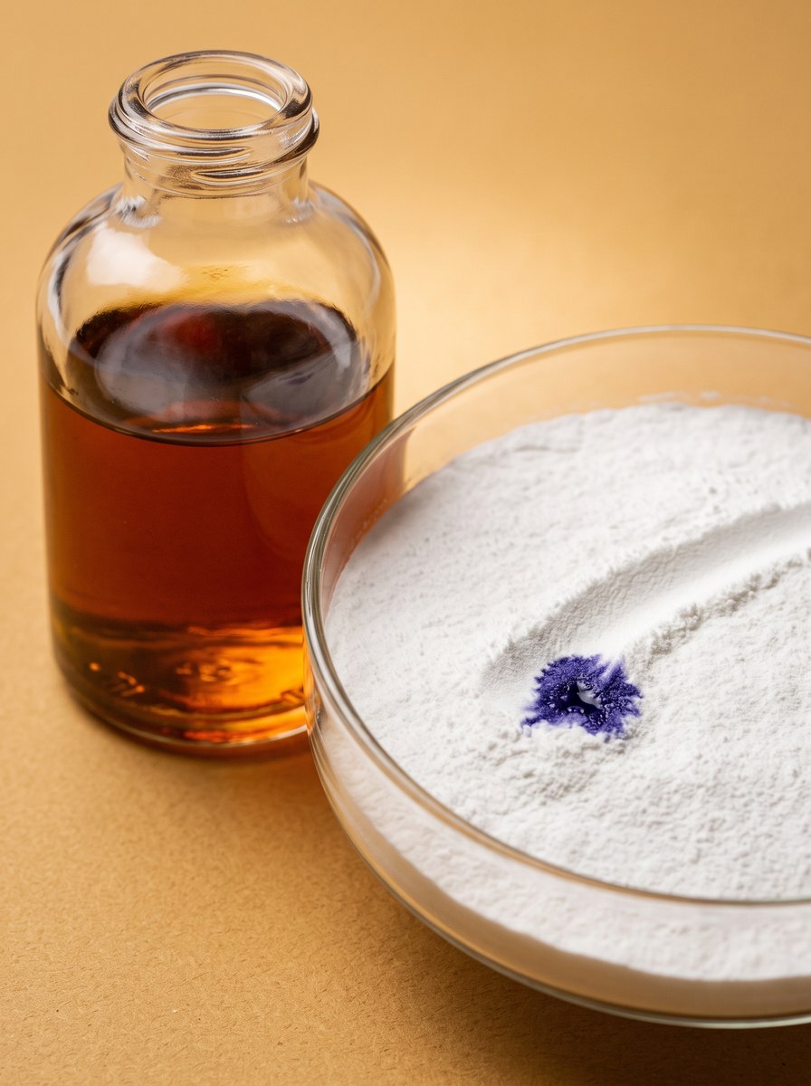 Ein offenes Apothekerfläschchen mit bernsteinbrauner Lösung, daneben eine Glasschale mit weißem Pulver und einem violetten Fleck darin
