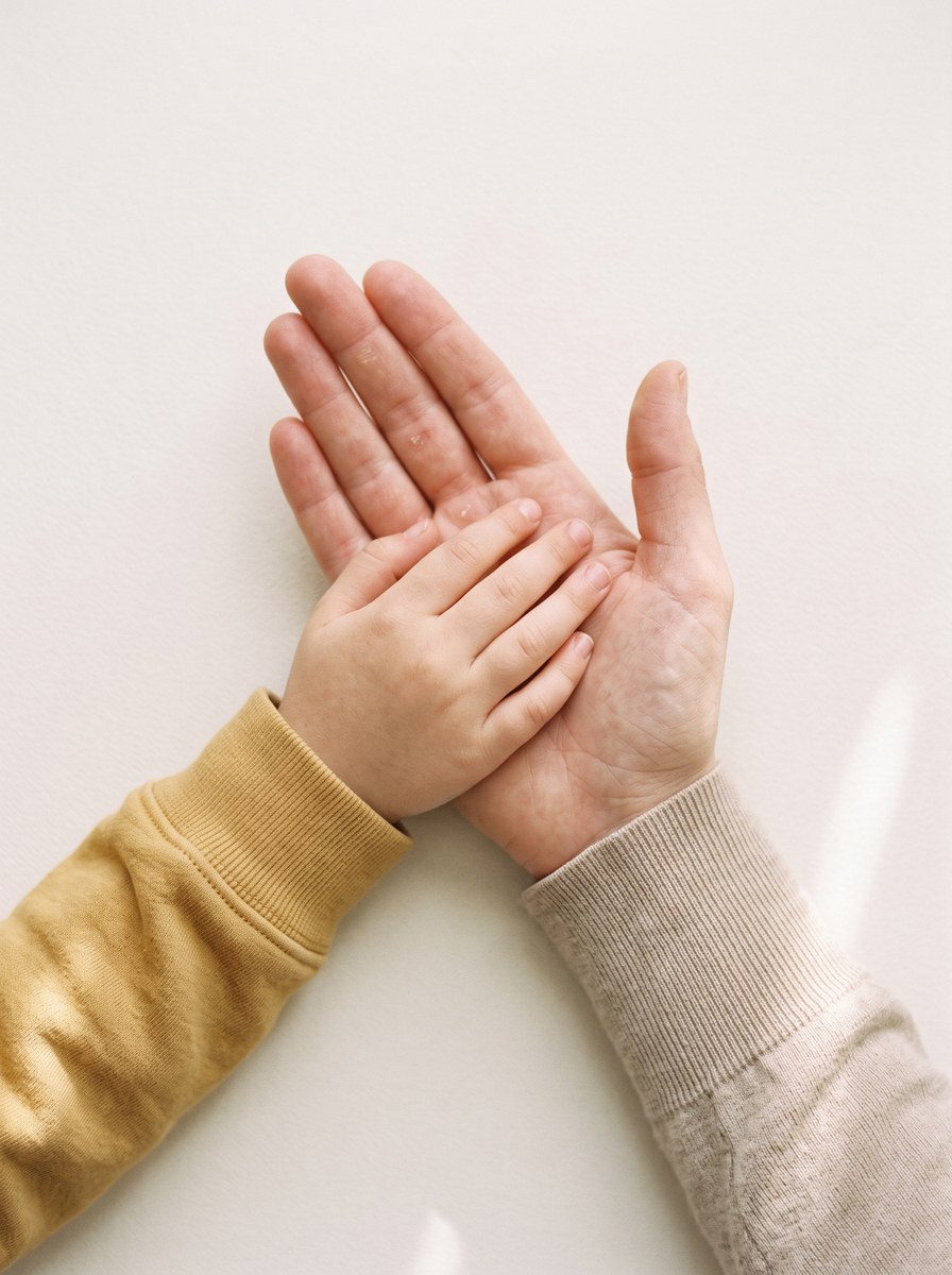 Eine kleine Kinderhand liegt entspannt in der offenen Handfläche eines Erwachsenen, heller Grund, am Ärmel ein warmes Senfgelb