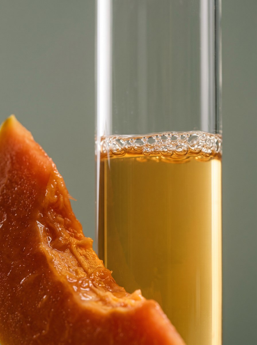 Ein hoher Glaszylinder mit goldgelbem Enzymserum, an der Oberfläche eine Reihe feiner Bläschen, davor der Anschnitt einer reifen Papaya