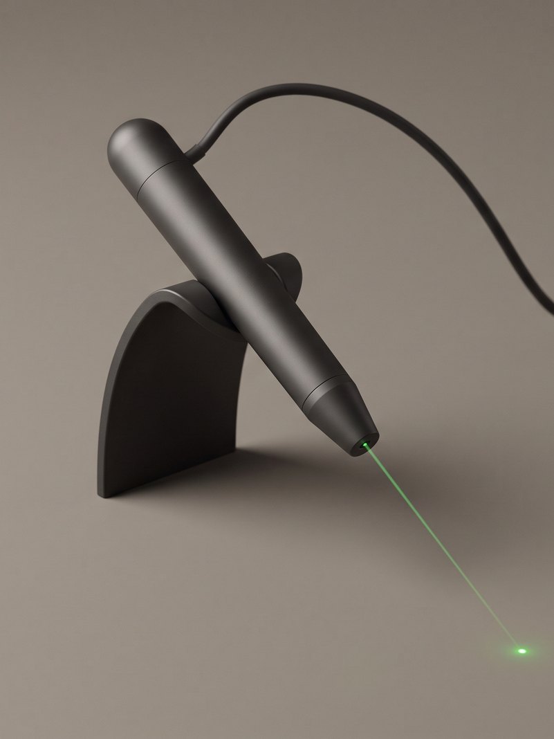 Laser-Handstück ruht in seiner Halterung, aus der Spitze tritt ein feiner grüner Strahl aus und trifft die Fläche darunter in einem kleinen Punkt