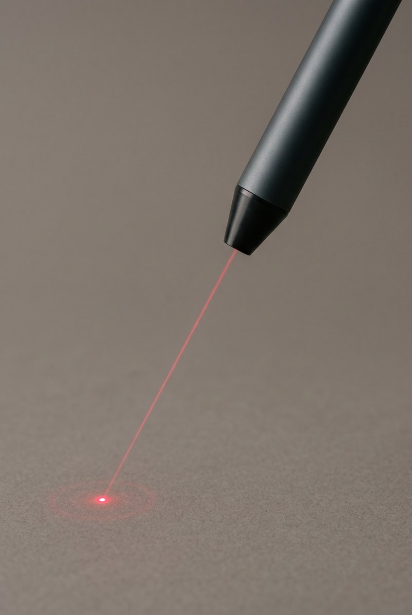 Handstück eines Lasers vor ruhigem Grund, ein feiner roter Strahl trifft die Fläche darunter