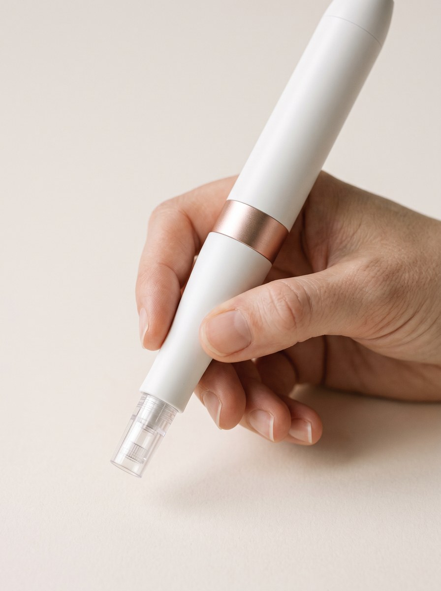 Ein Microneedling-Pen wird locker in der Hand gehalten, der klare Aufsatz zeigt nach unten