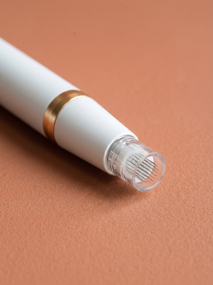 Microneedling-Pen auf ruhigem Terrakotta-Grund, im durchsichtigen Aufsatz ein feines Nadelfeld