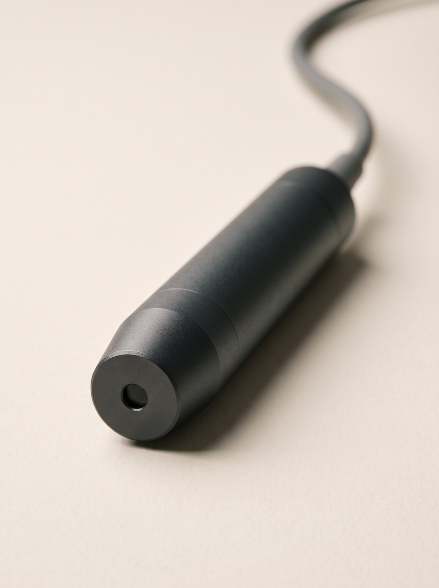 Handstück des Nagellasers auf hellem Grund, die Austrittsöffnung im Detail, das Kabel läuft in weichem Bogen nach hinten