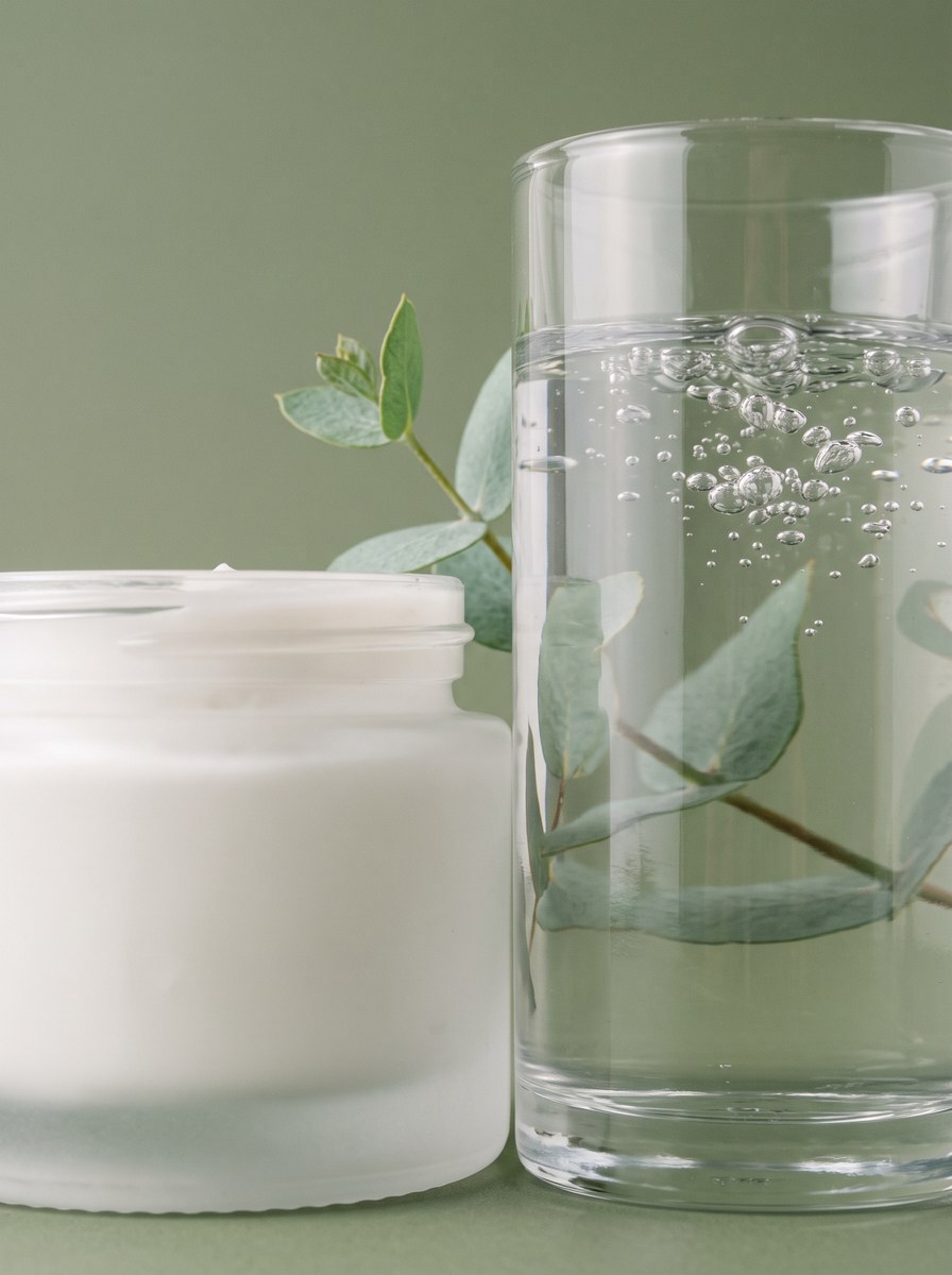 Ein offener Tiegel mit weißer Creme neben einem Glas mit klarem Reinigungsgel, dazwischen ein Eukalyptuszweig